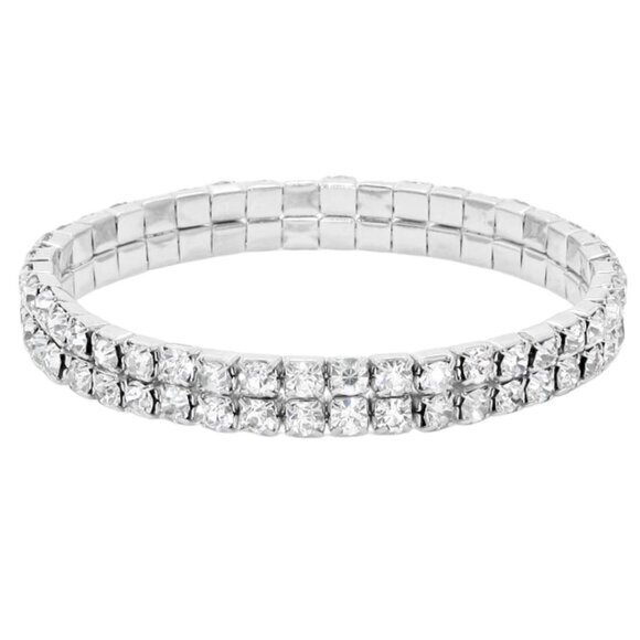 2-Row Rhinestone Stretch Evening Bracelet Prom Bracelet Wedding Bracelet - Picture 1 of 7